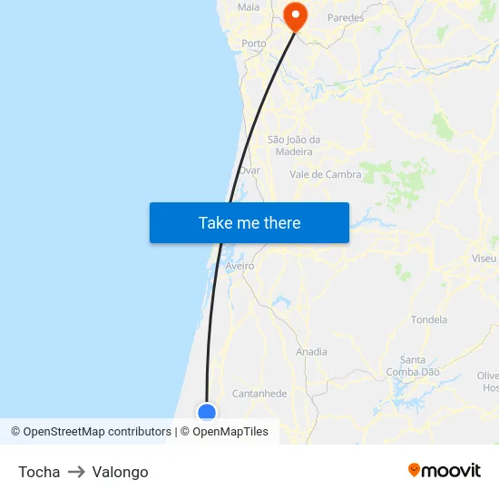 Tocha to Valongo map
