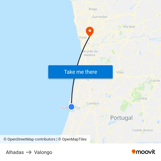 Alhadas to Valongo map