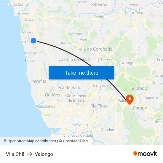 Vila Chã to Valongo map