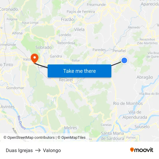 Duas Igrejas to Valongo map