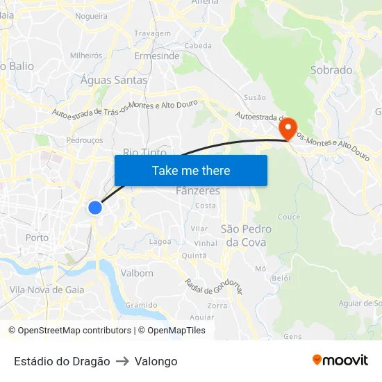 Estádio do Dragão to Valongo map