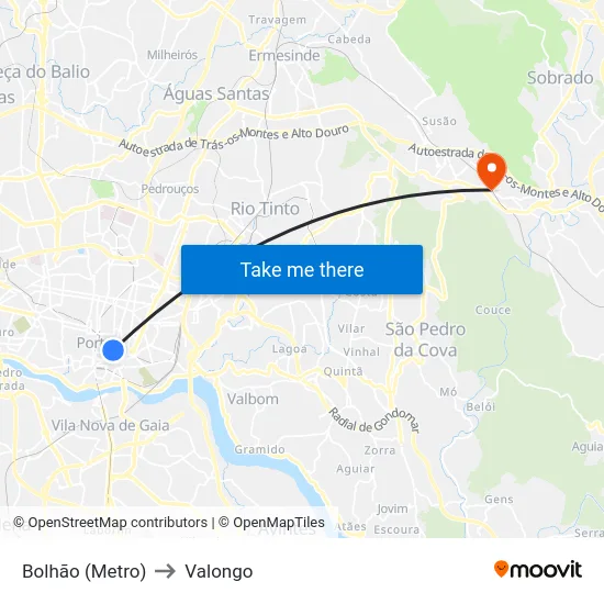 Bolhão (Metro) to Valongo map