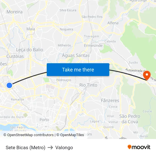 Sete Bicas (Metro) to Valongo map