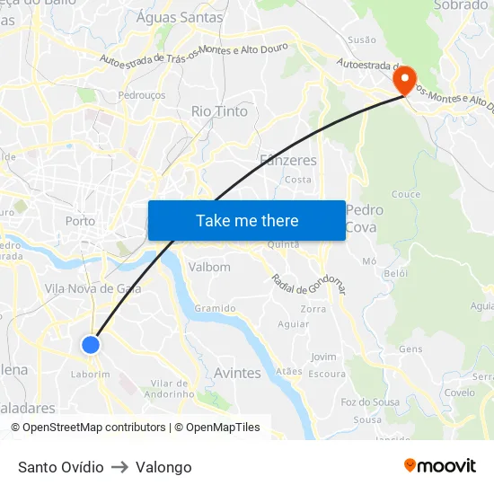 Santo Ovídio to Valongo map