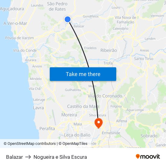 Balazar to Nogueira e Silva Escura map