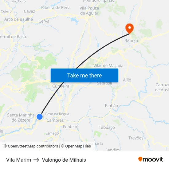 Vila Marim to Valongo de Milhais map