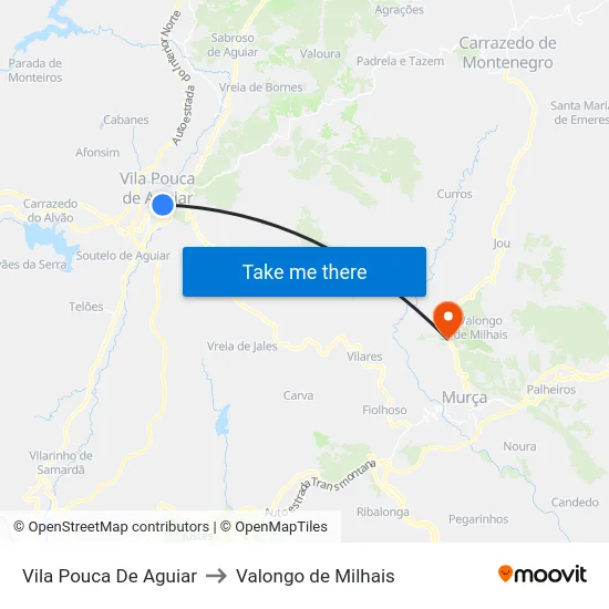 Vila Pouca De Aguiar to Valongo de Milhais map