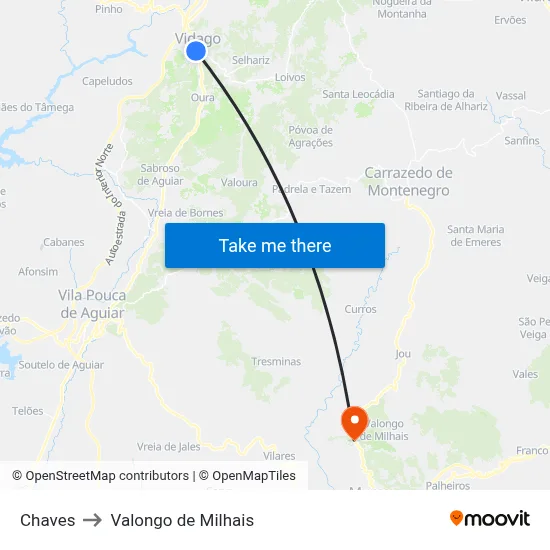 Chaves to Valongo de Milhais map