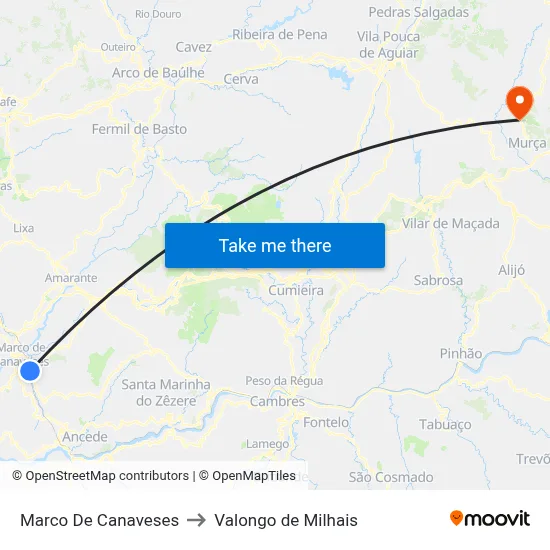 Marco De Canaveses to Valongo de Milhais map