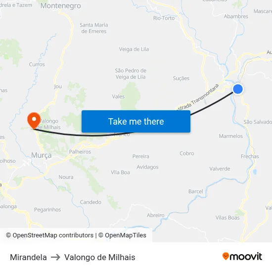 Mirandela to Valongo de Milhais map