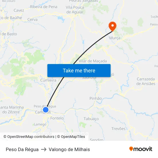 Peso Da Régua to Valongo de Milhais map