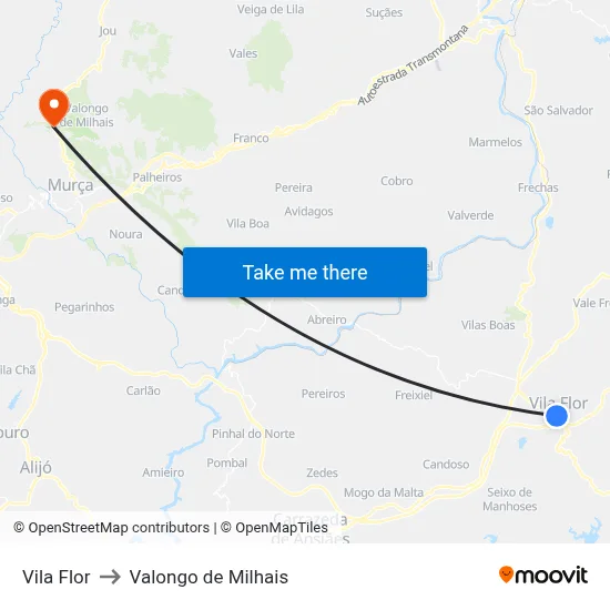 Vila Flor to Valongo de Milhais map