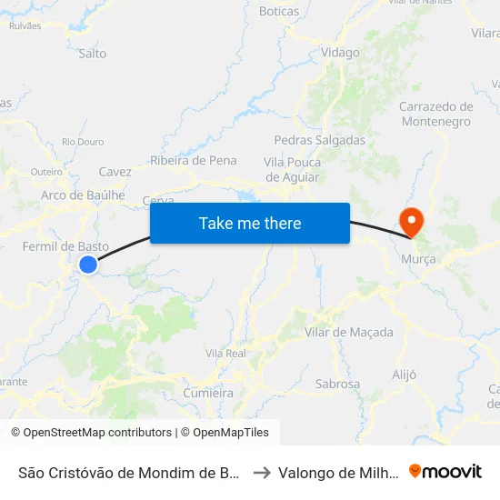 São Cristóvão de Mondim de Basto to Valongo de Milhais map