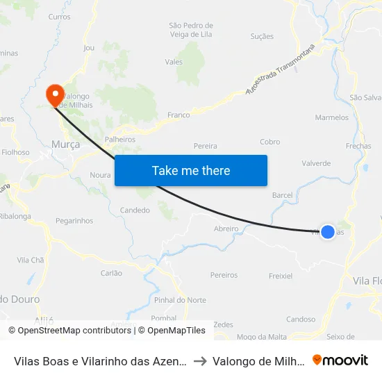 Vilas Boas e Vilarinho das Azenhas to Valongo de Milhais map