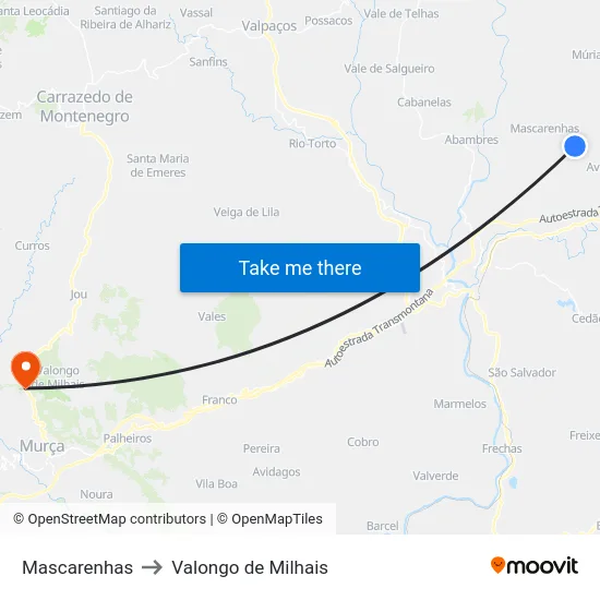 Mascarenhas to Valongo de Milhais map