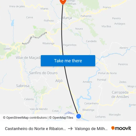 Castanheiro do Norte e Ribalonga to Valongo de Milhais map