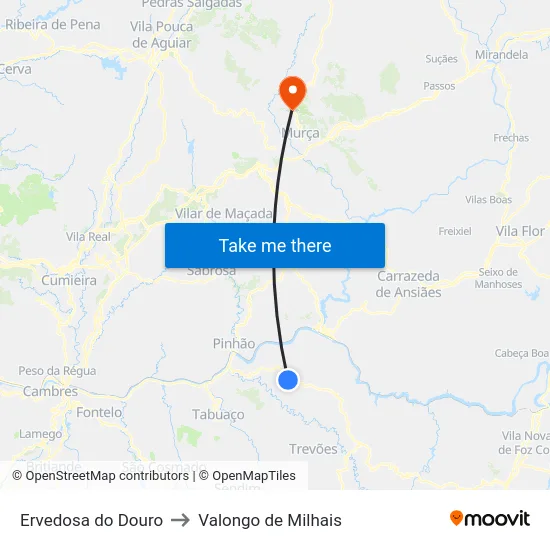 Ervedosa do Douro to Valongo de Milhais map