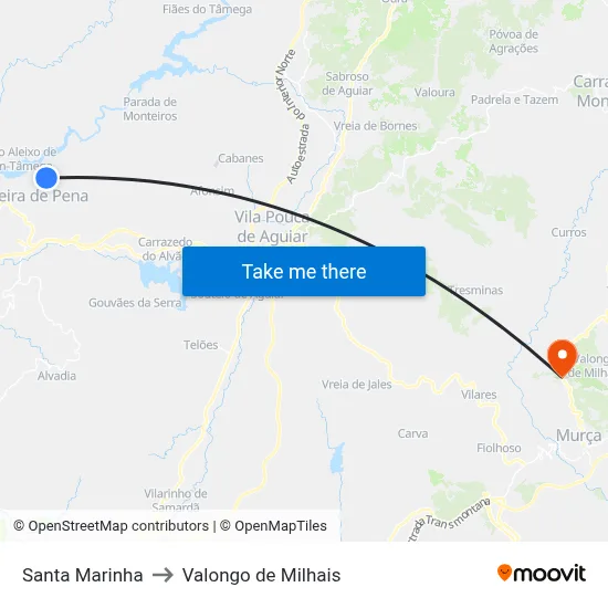 Santa Marinha to Valongo de Milhais map