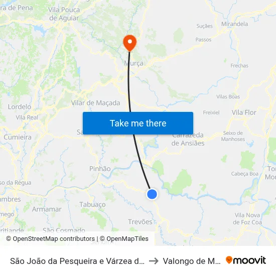São João da Pesqueira e Várzea de Trevões to Valongo de Milhais map