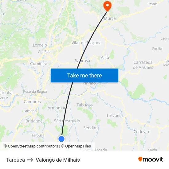 Tarouca to Valongo de Milhais map