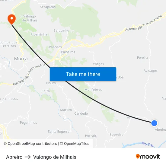 Abreiro to Valongo de Milhais map