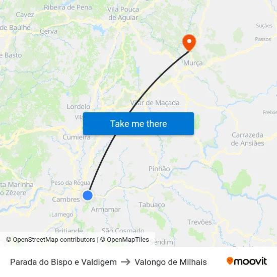 Parada do Bispo e Valdigem to Valongo de Milhais map