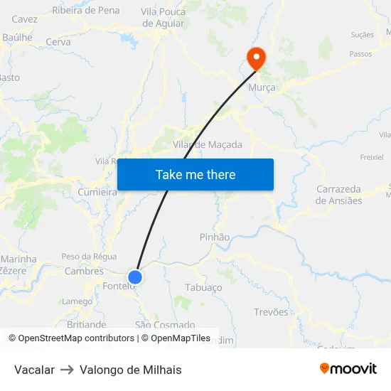 Vacalar to Valongo de Milhais map