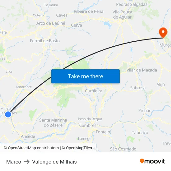 Marco to Valongo de Milhais map