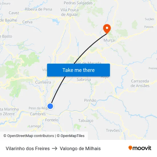 Vilarinho dos Freires to Valongo de Milhais map