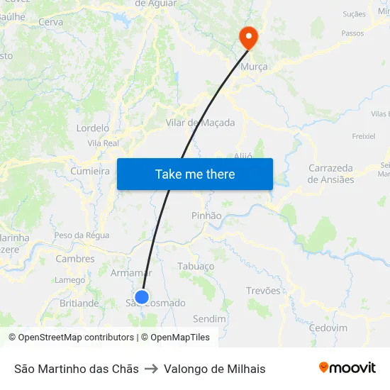 São Martinho das Chãs to Valongo de Milhais map
