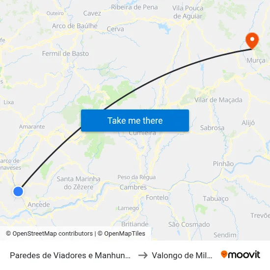 Paredes de Viadores e Manhuncelos to Valongo de Milhais map
