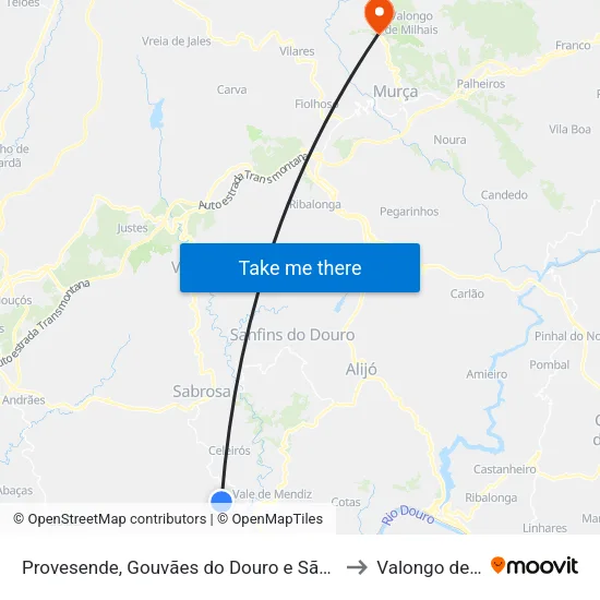 Provesende, Gouvães do Douro e São Cristóvão do Douro to Valongo de Milhais map