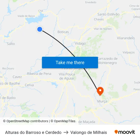 Alturas do Barroso e Cerdedo to Valongo de Milhais map