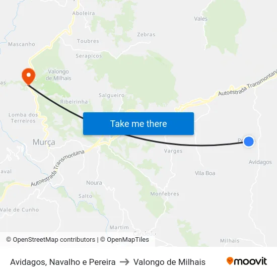 Avidagos, Navalho e Pereira to Valongo de Milhais map
