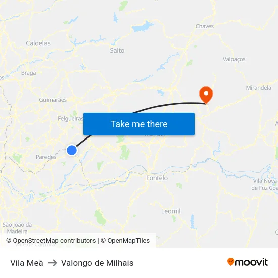 Vila Meã to Valongo de Milhais map