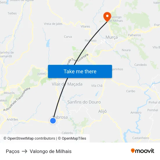 Paços to Valongo de Milhais map