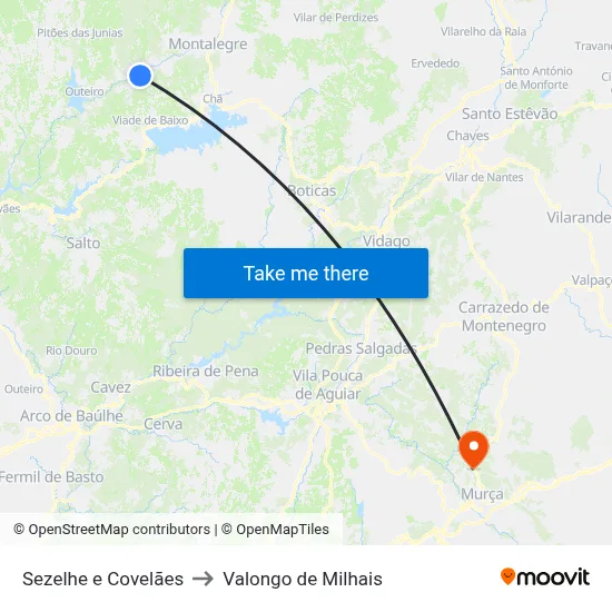 Sezelhe e Covelães to Valongo de Milhais map