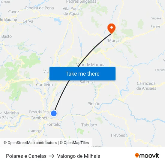 Poiares e Canelas to Valongo de Milhais map