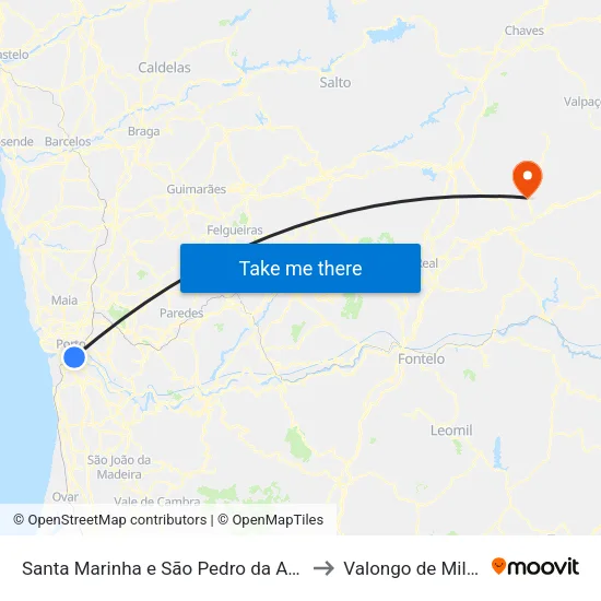 Santa Marinha e São Pedro da Afurada to Valongo de Milhais map
