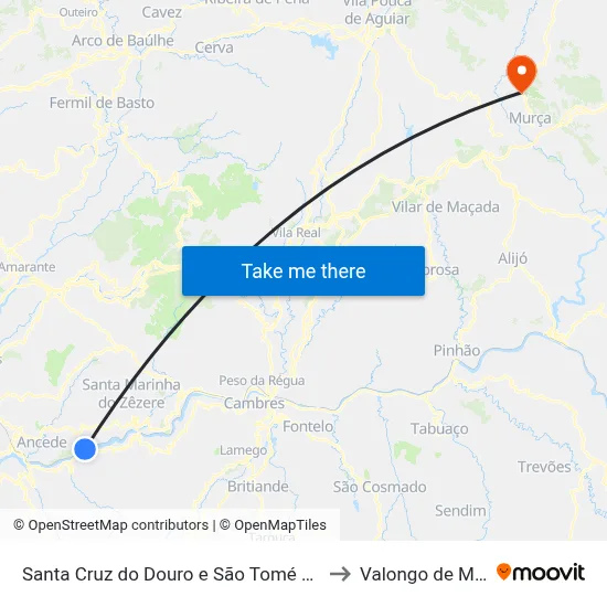 Santa Cruz do Douro e São Tomé de Covelas to Valongo de Milhais map