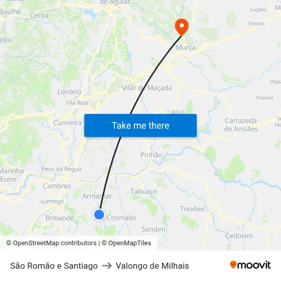 São Romão e Santiago to Valongo de Milhais map