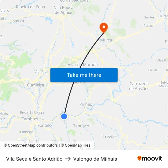 Vila Seca e Santo Adrião to Valongo de Milhais map