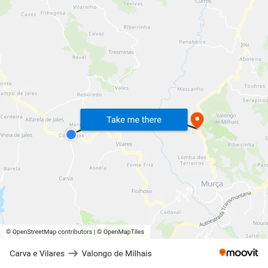 Carva e Vilares to Valongo de Milhais map