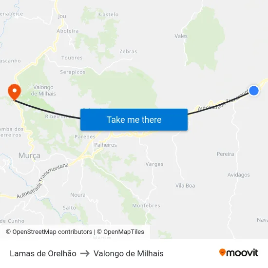Lamas de Orelhão to Valongo de Milhais map