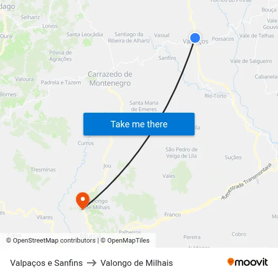 Valpaços e Sanfins to Valongo de Milhais map