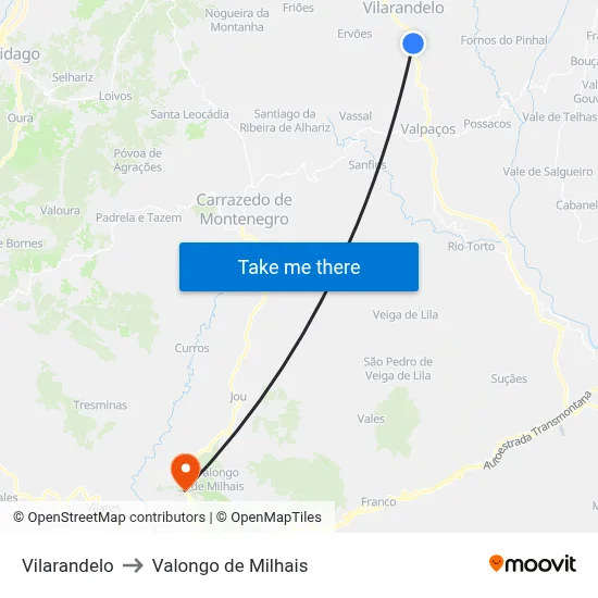 Vilarandelo to Valongo de Milhais map