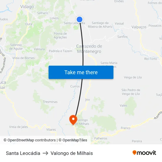Santa Leocádia to Valongo de Milhais map