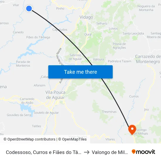 Codessoso, Curros e Fiães do Tâmega to Valongo de Milhais map