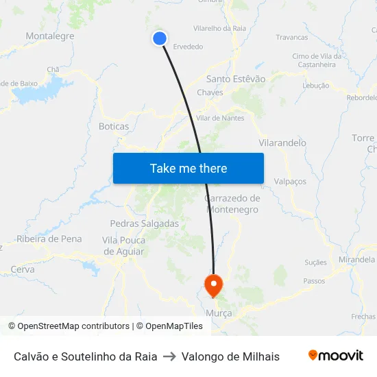 Calvão e Soutelinho da Raia to Valongo de Milhais map