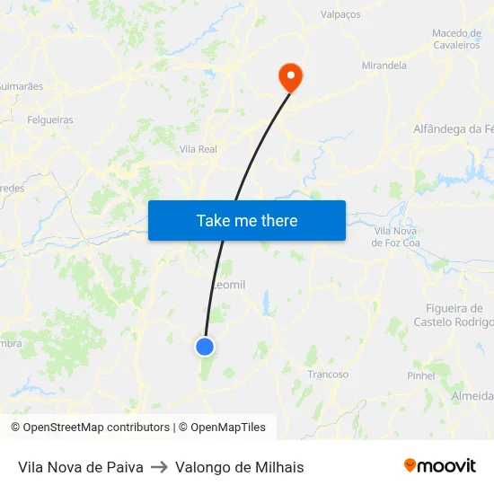 Vila Nova de Paiva to Valongo de Milhais map